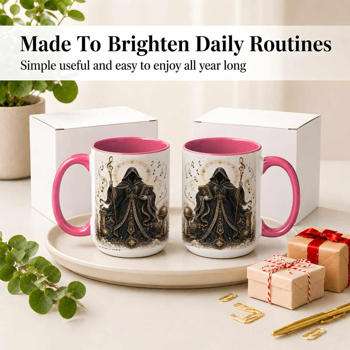 #pl[15oz|Pink] Mystic Music Ceramic Coffee Cup, Mug with Hooded Figure Artwork
