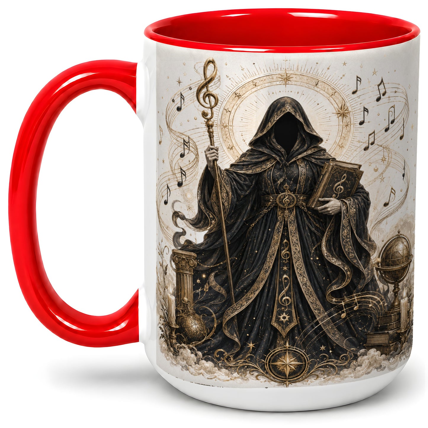 #pl[15oz|Red] Mystic Music Ceramic Coffee Cup, Mug with Hooded Figure Artwork