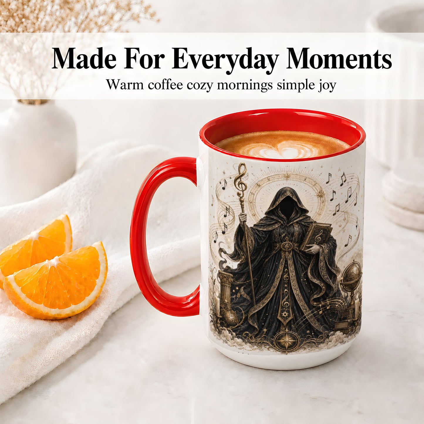 #pl[15oz|Red] Mystic Music Ceramic Coffee Cup, Mug with Hooded Figure Artwork