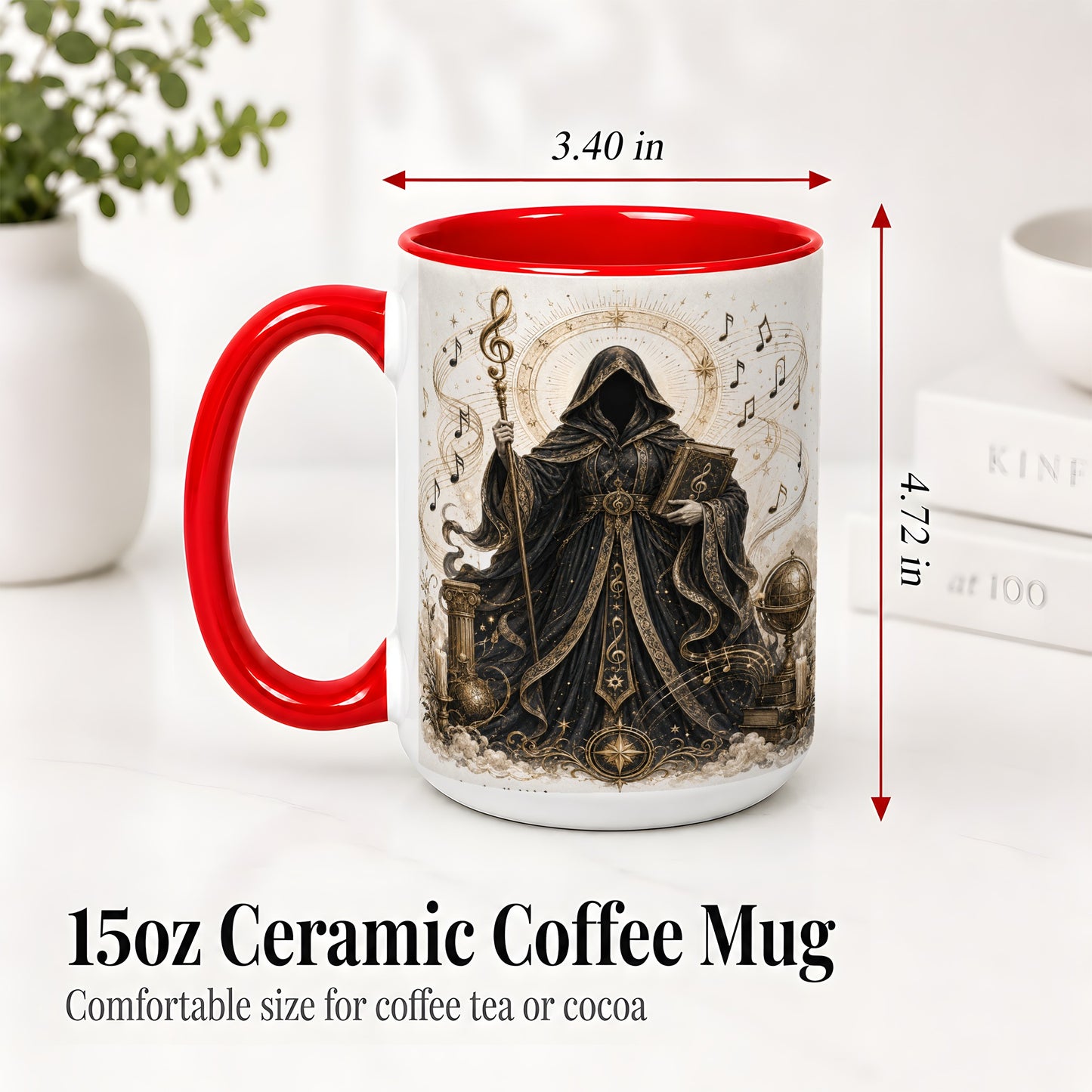 #pl[15oz|Red] Mystic Music Ceramic Coffee Cup, Mug with Hooded Figure Artwork