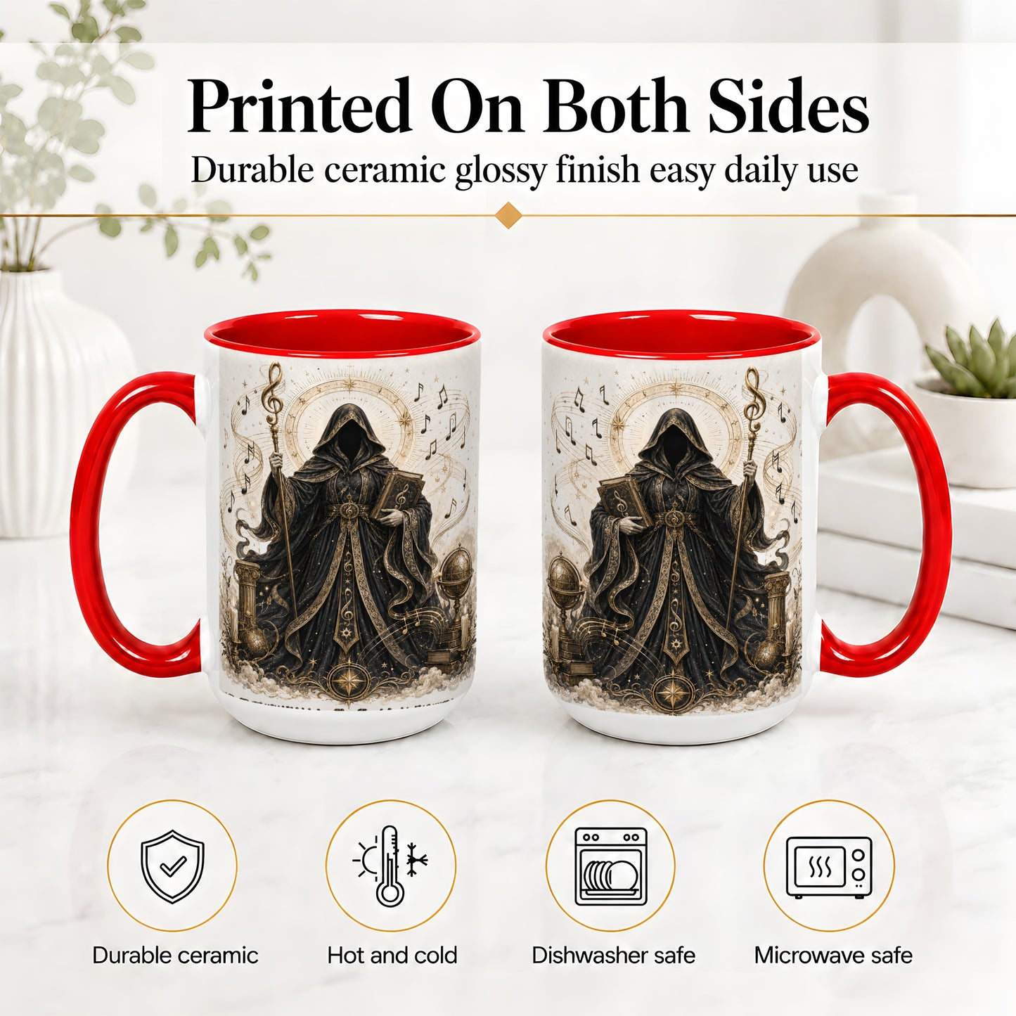 #pl[15oz|Red] Mystic Music Ceramic Coffee Cup, Mug with Hooded Figure Artwork
