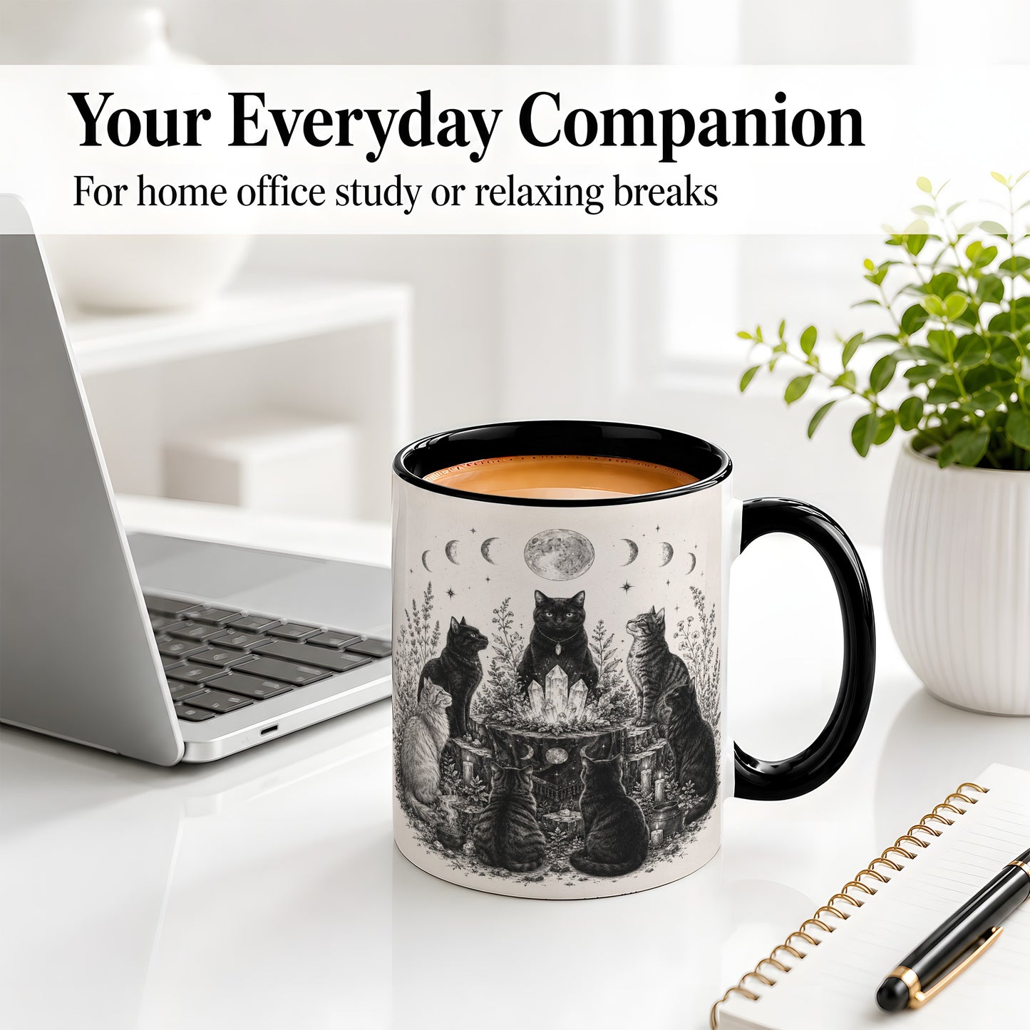 #pl[11oz|Black] Mystic Cat Moon Ceramic Coffee Cup, Mug with Crystal Artwork