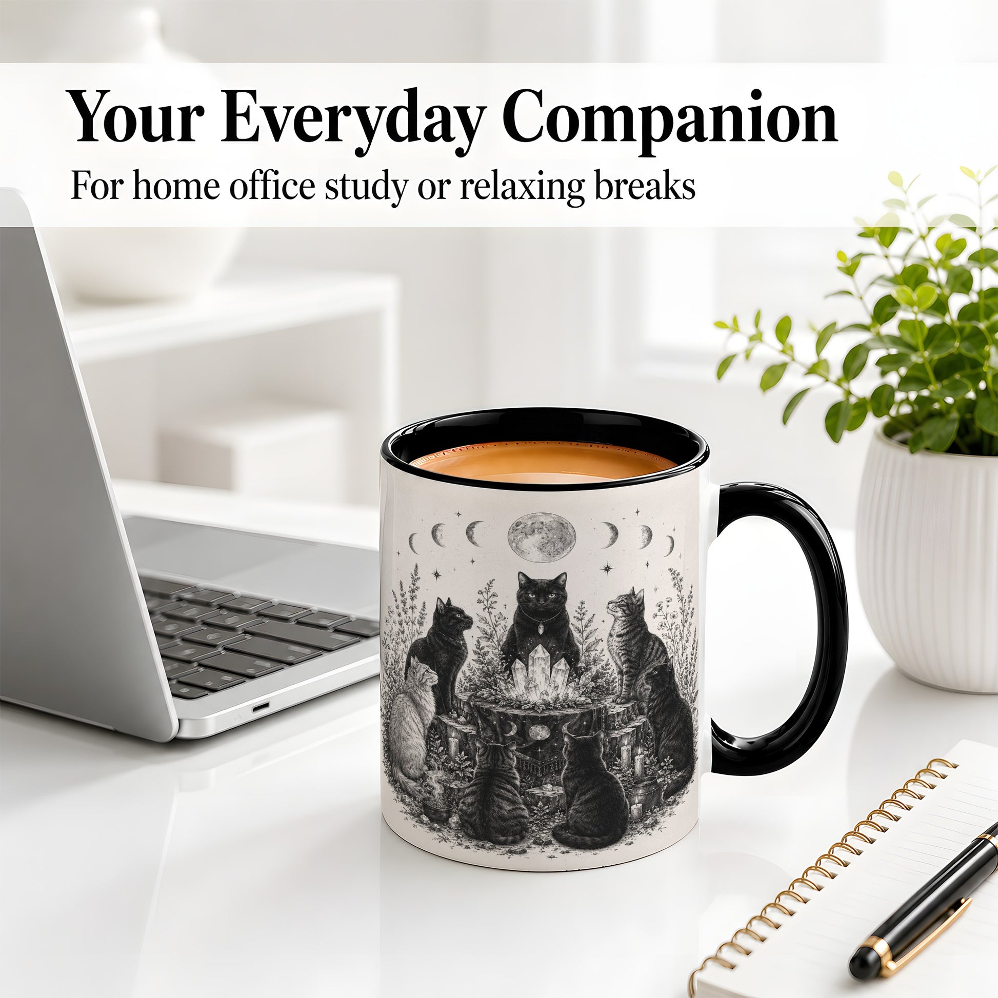 #pl[11oz|Black] Mystic Cat Moon Ceramic Coffee Cup, Mug with Crystal Artwork