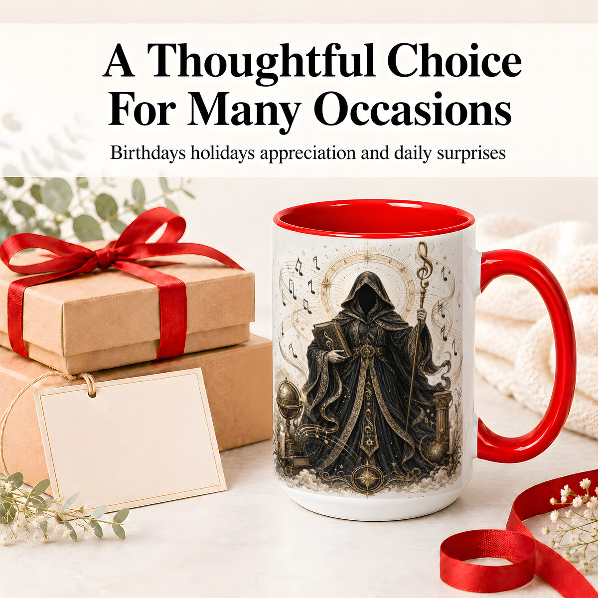 #pl[15oz|Red] Mystic Music Ceramic Coffee Cup, Mug with Hooded Figure Artwork