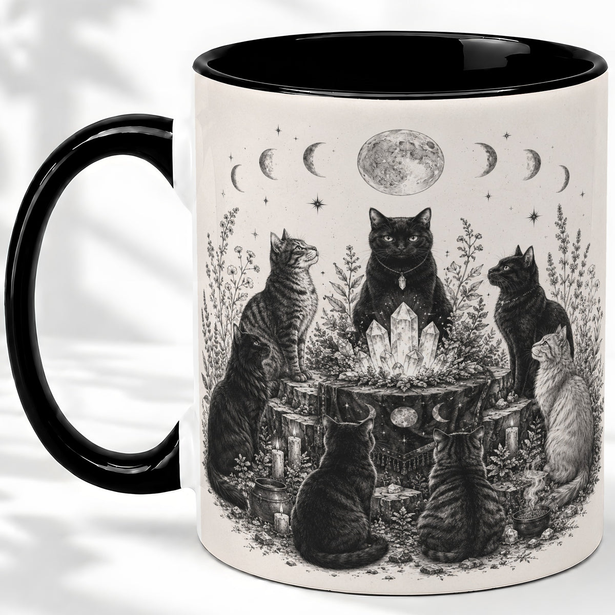 #pl[11oz|Black] Mystic Cat Moon Ceramic Coffee Cup, Mug with Crystal Artwork