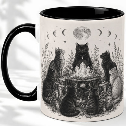 #pl[11oz|Black] Mystic Cat Moon Ceramic Coffee Cup, Mug with Crystal Artwork