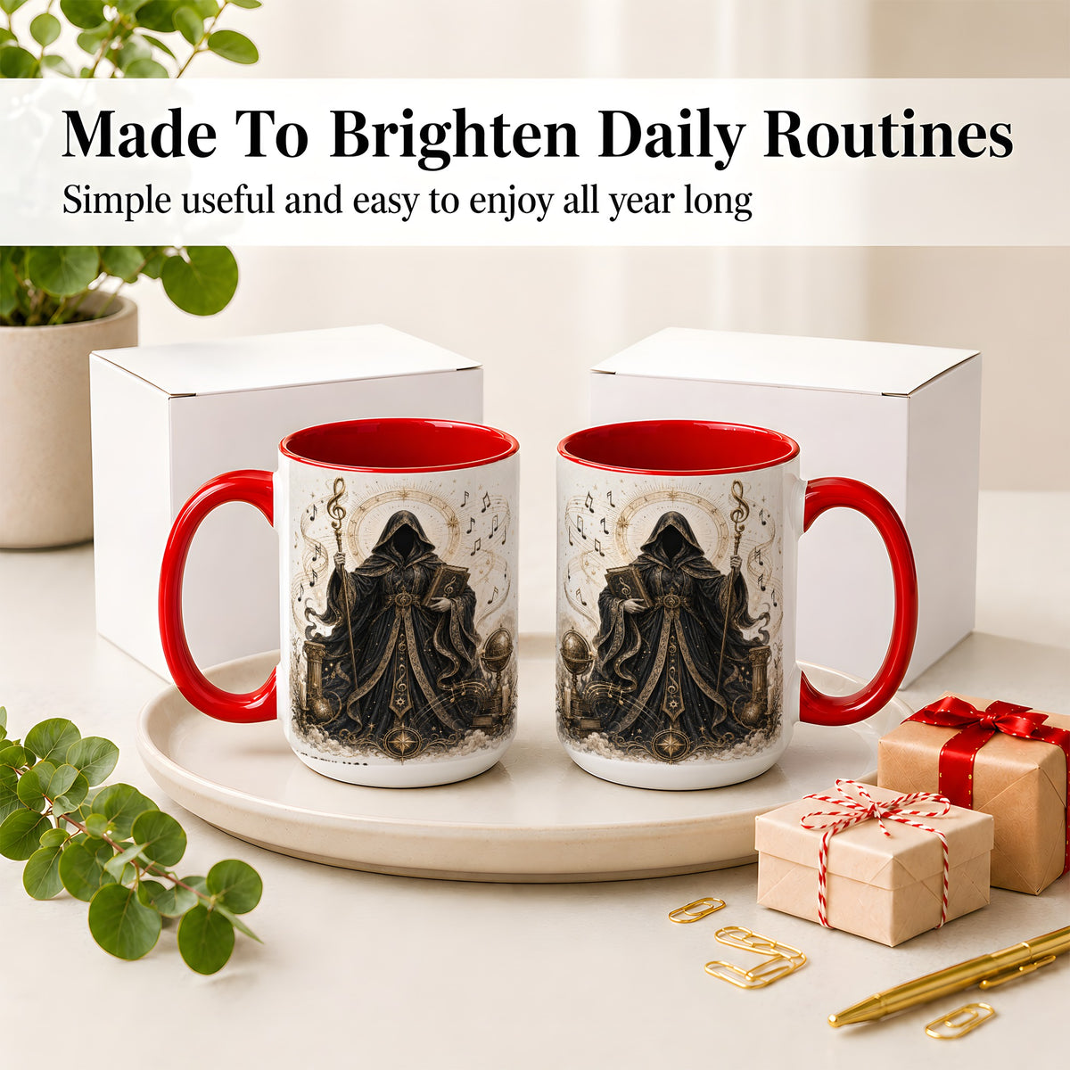 #pl[15oz|Red] Mystic Music Ceramic Coffee Cup, Mug with Hooded Figure Artwork