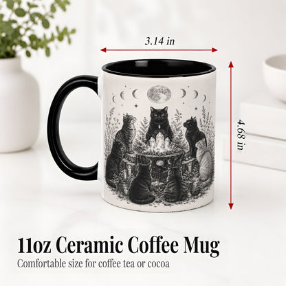 #pl[11oz|Black] Mystic Cat Moon Ceramic Coffee Cup, Mug with Crystal Artwork