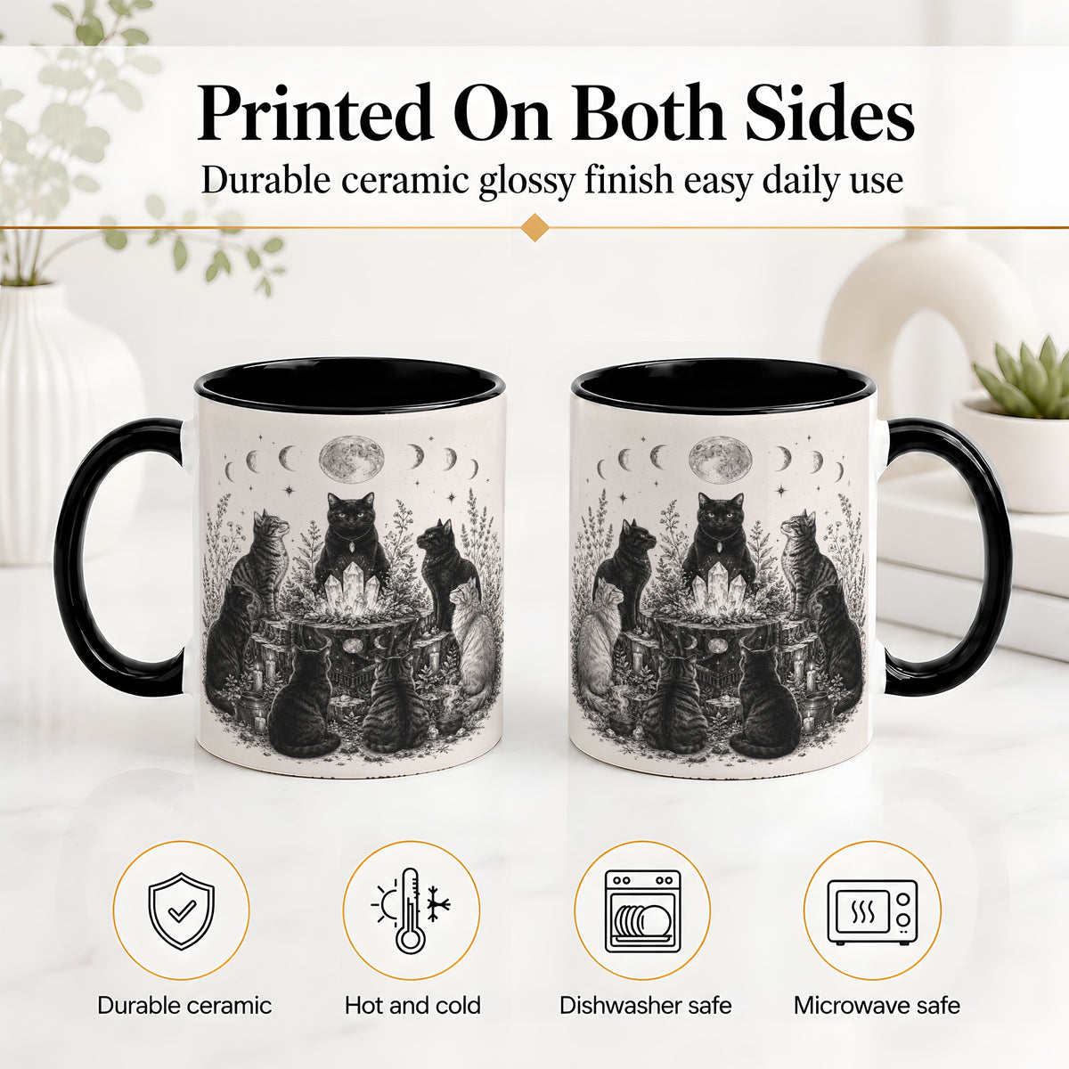 #pl[11oz|Black] Mystic Cat Moon Ceramic Coffee Cup, Mug with Crystal Artwork