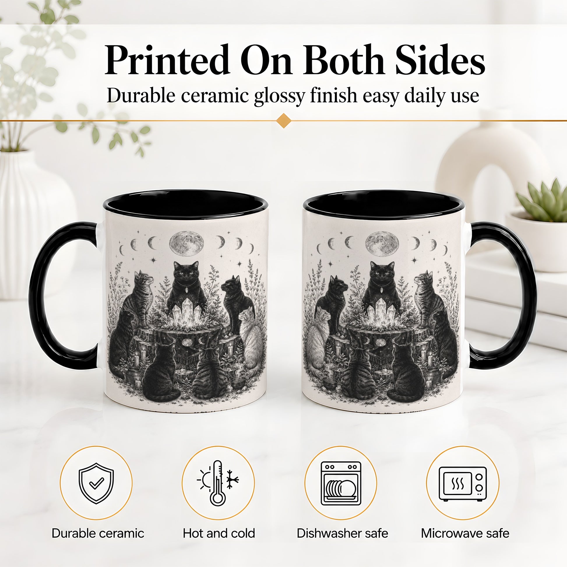 #pl[11oz|Black] Mystic Cat Moon Ceramic Coffee Cup, Mug with Crystal Artwork
