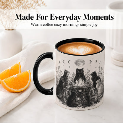 #pl[11oz|Black] Mystic Cat Moon Ceramic Coffee Cup, Mug with Crystal Artwork