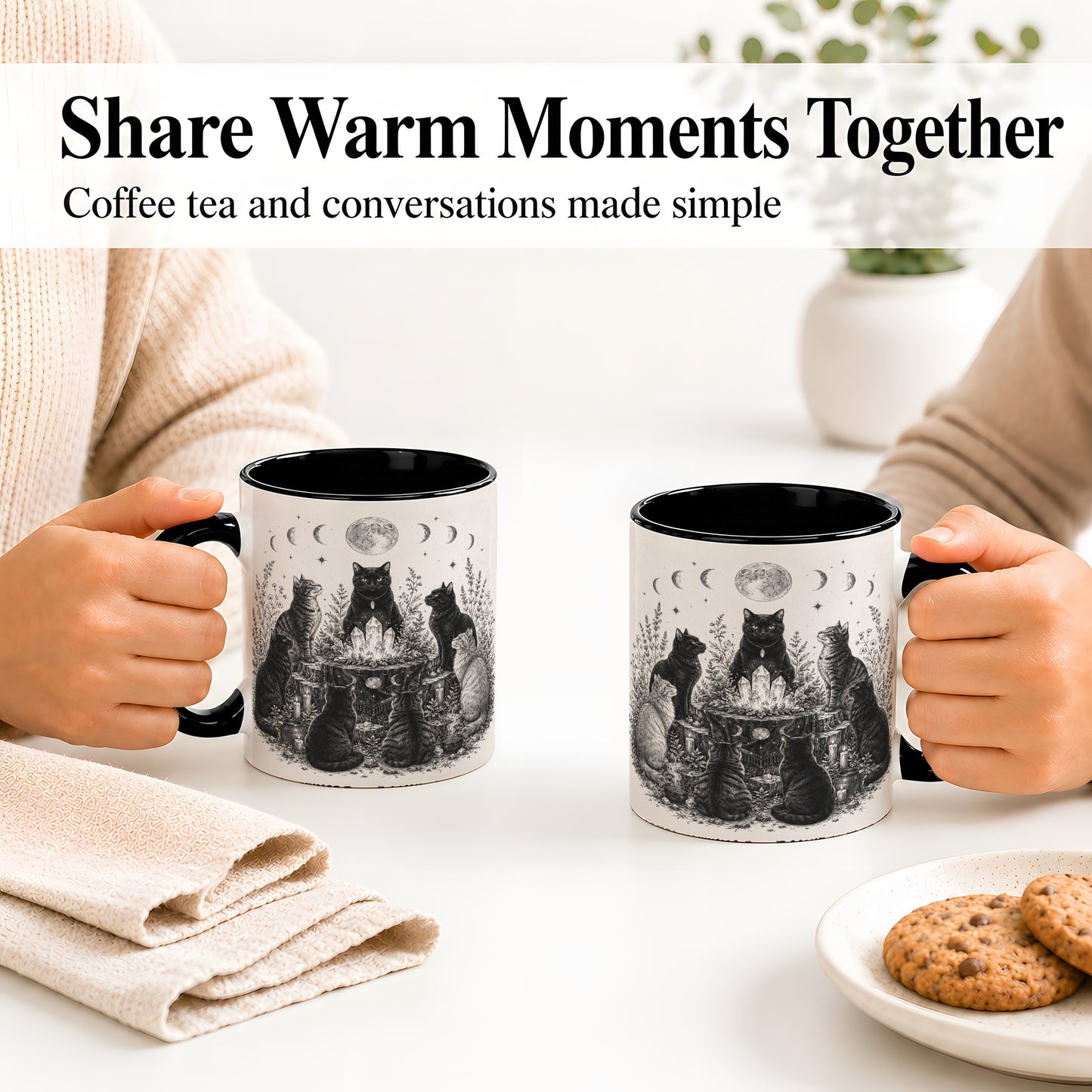 #pl[11oz|Black] Mystic Cat Moon Ceramic Coffee Cup, Mug with Crystal Artwork