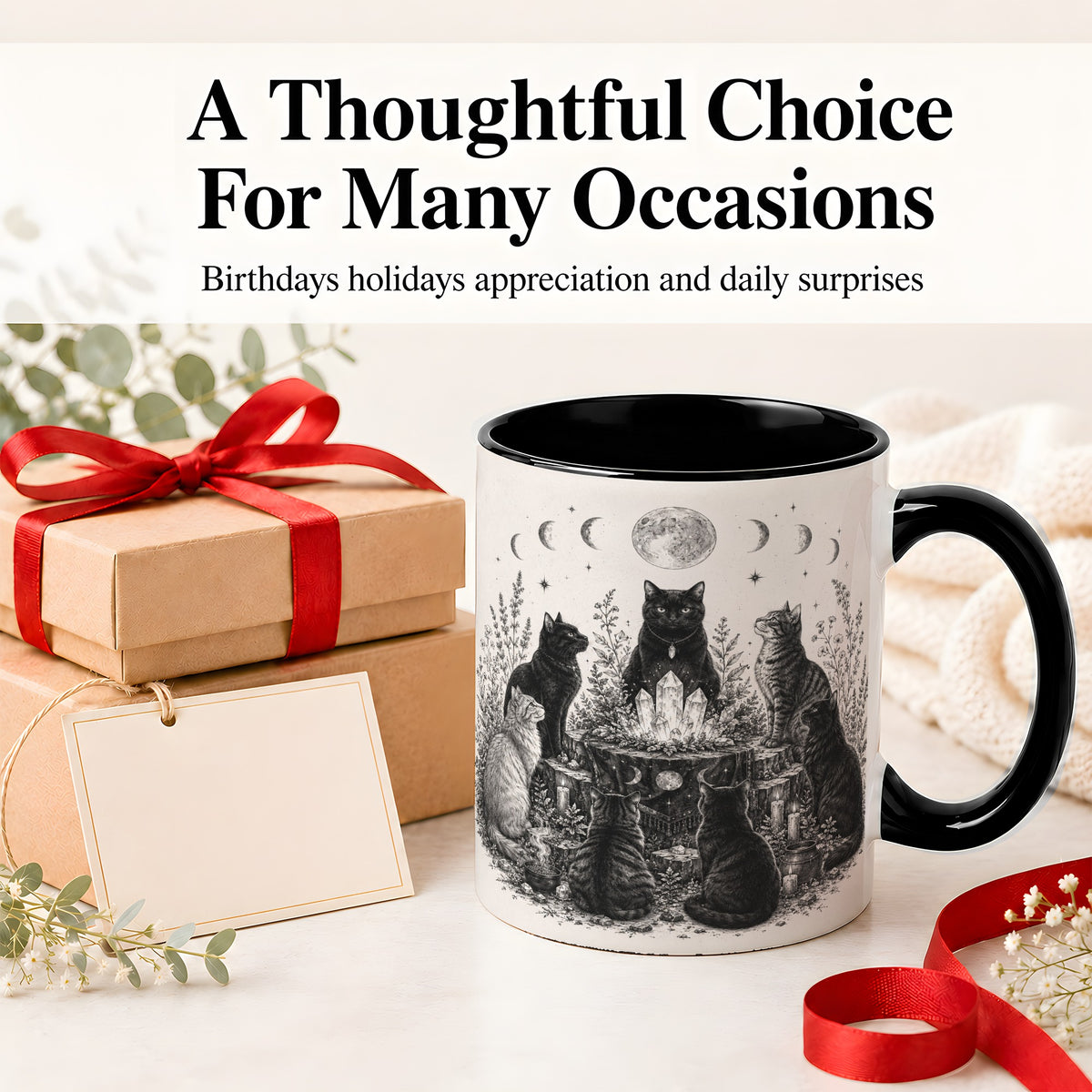 #pl[11oz|Black] Mystic Cat Moon Ceramic Coffee Cup, Mug with Crystal Artwork