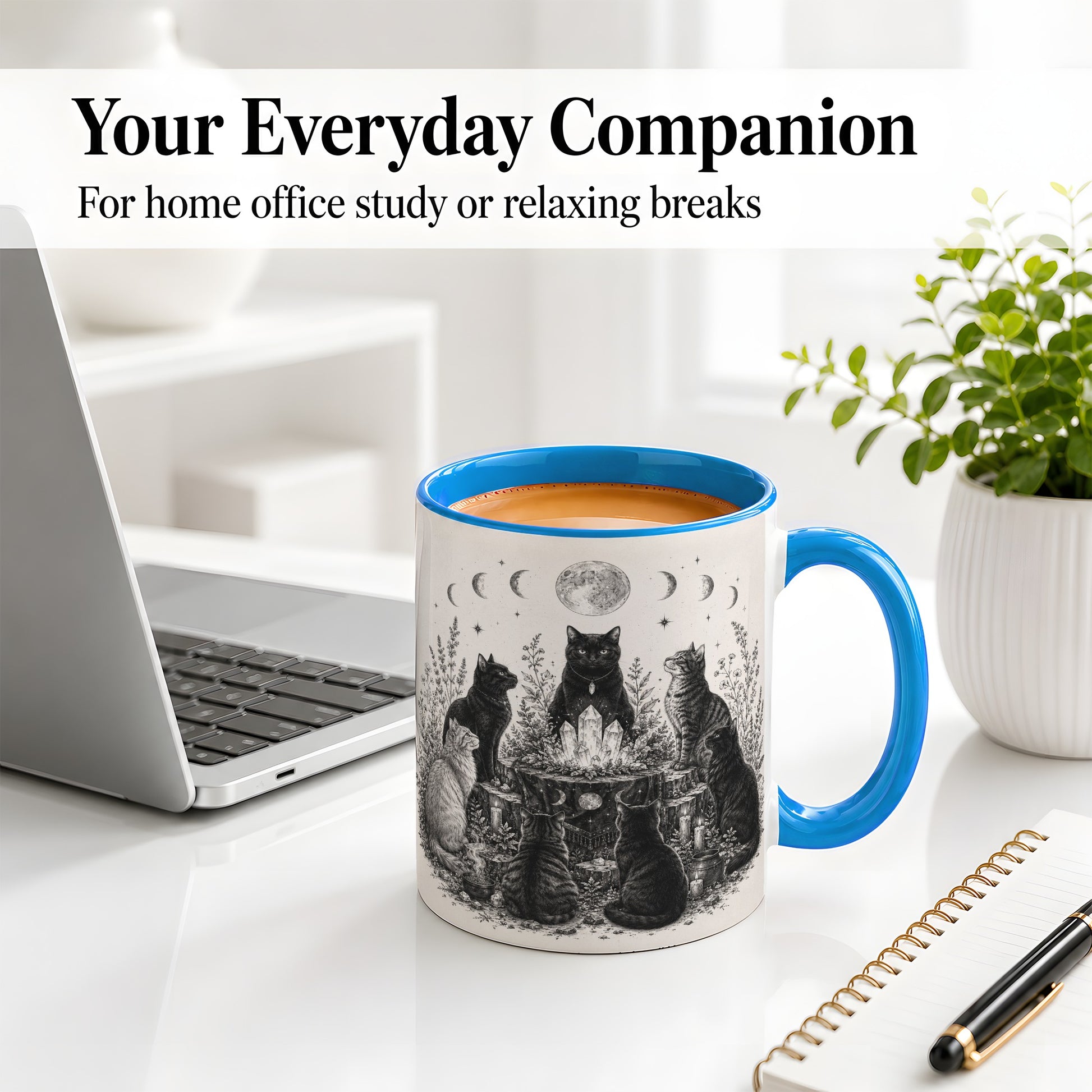 #pl[11oz|Blue] Mystic Cat Moon Ceramic Coffee Cup, Mug with Crystal Artwork