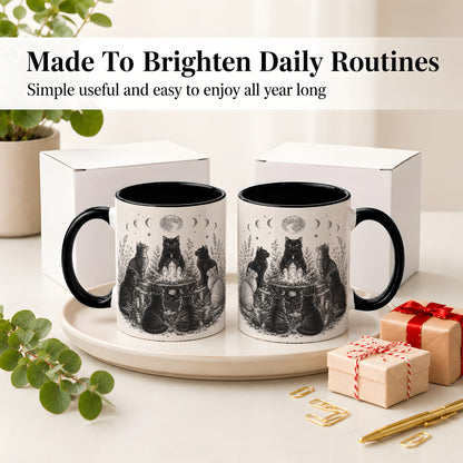 #pl[11oz|Black] Mystic Cat Moon Ceramic Coffee Cup, Mug with Crystal Artwork