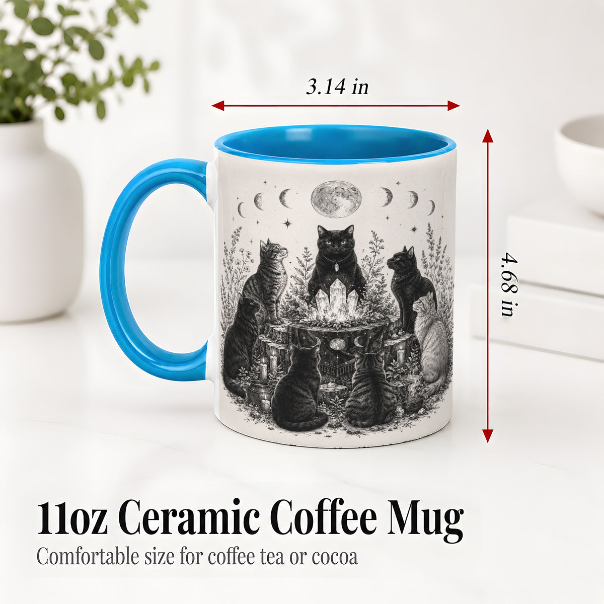 #pl[11oz|Blue] Mystic Cat Moon Ceramic Coffee Cup, Mug with Crystal Artwork