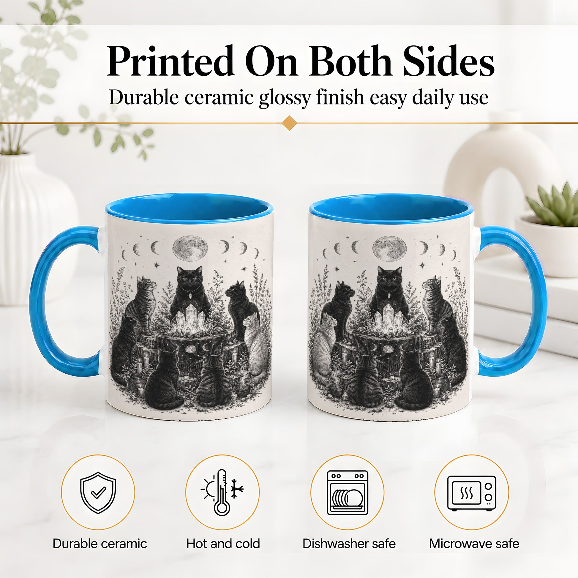 #pl[11oz|Blue] Mystic Cat Moon Ceramic Coffee Cup, Mug with Crystal Artwork