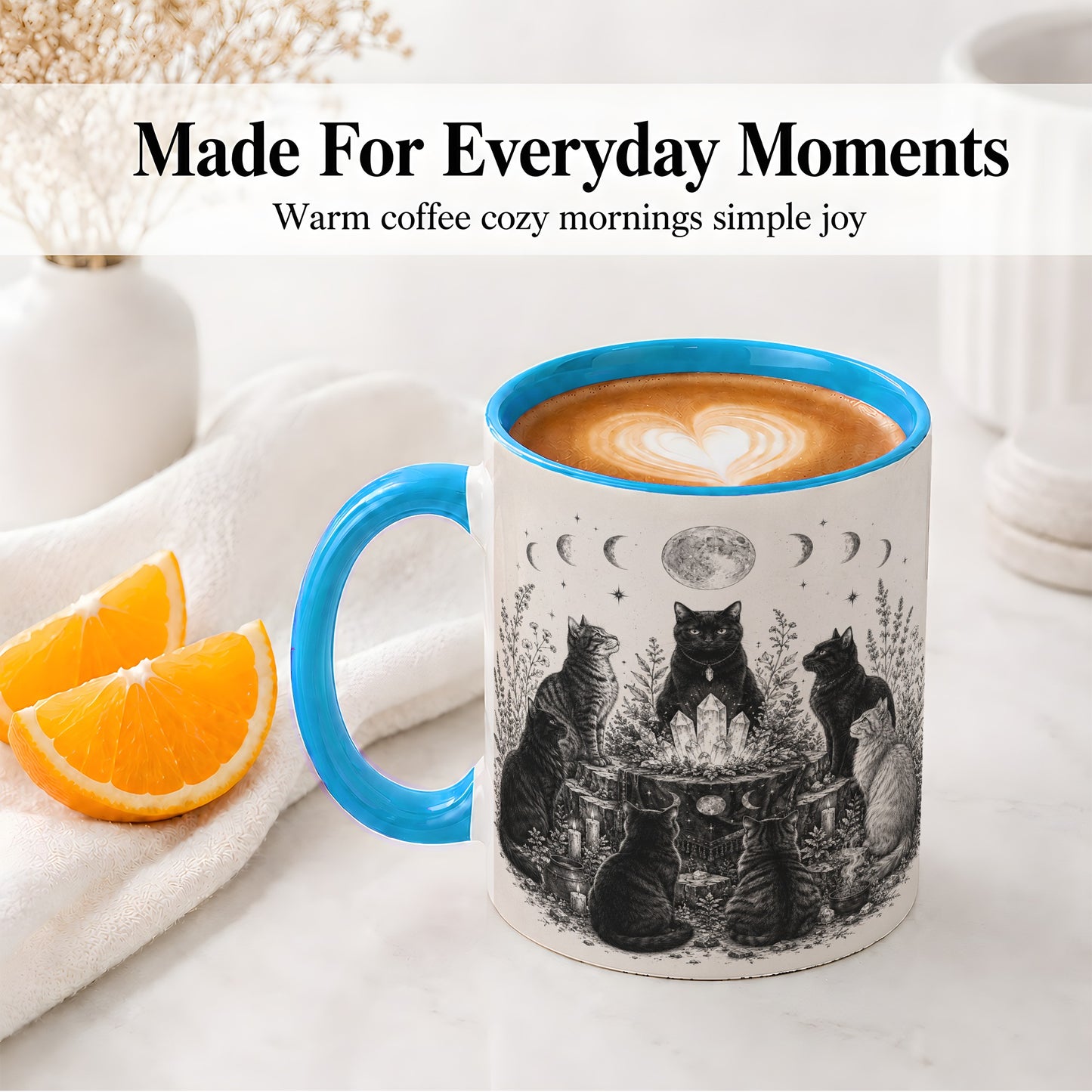 #pl[11oz|Blue] Mystic Cat Moon Ceramic Coffee Cup, Mug with Crystal Artwork