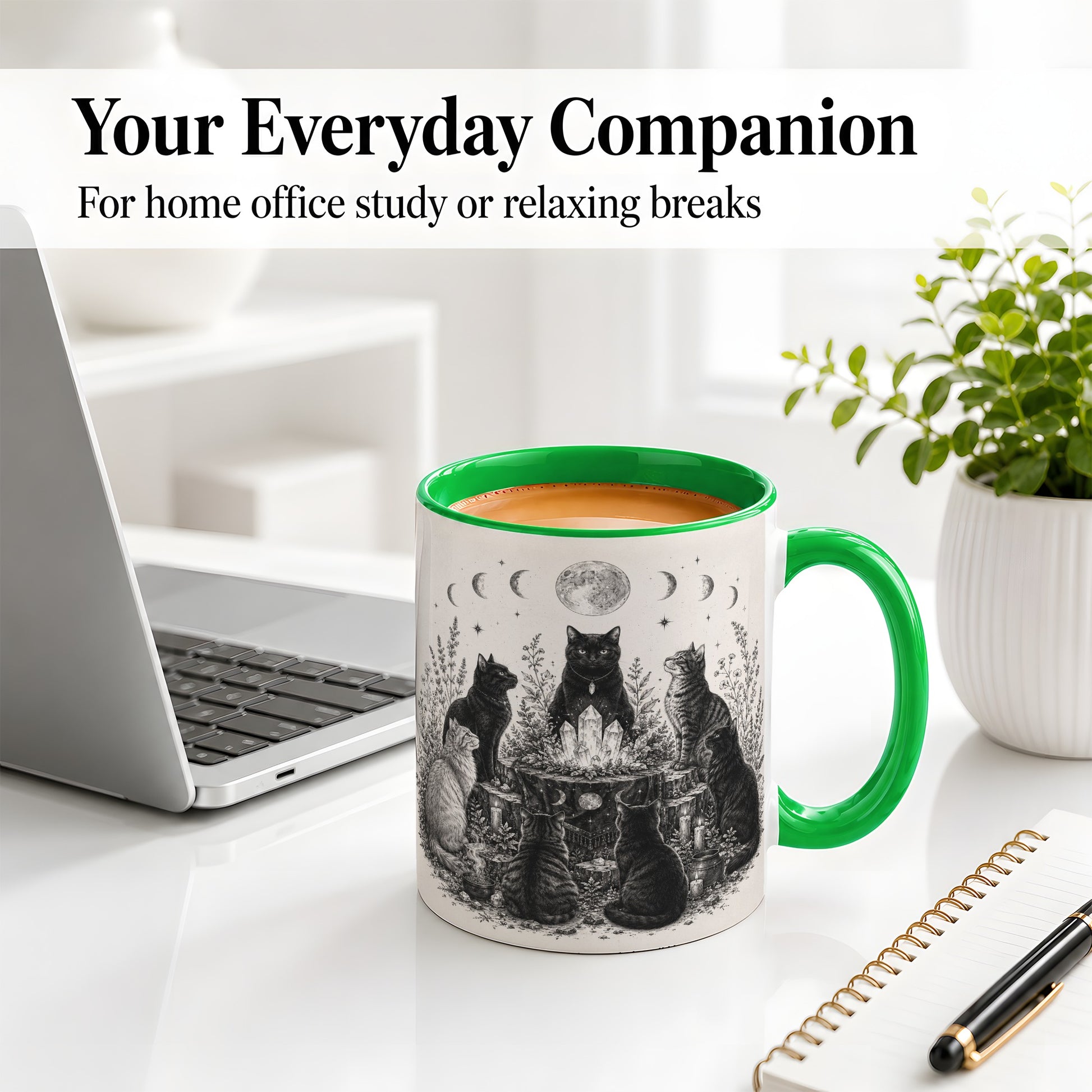 #pl[11oz|Green] Mystic Cat Moon Ceramic Coffee Cup, Mug with Crystal Artwork