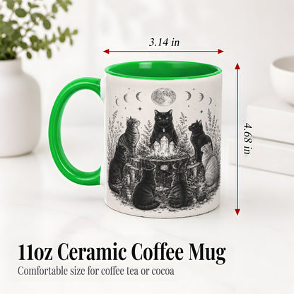 #pl[11oz|Green] Mystic Cat Moon Ceramic Coffee Cup, Mug with Crystal Artwork