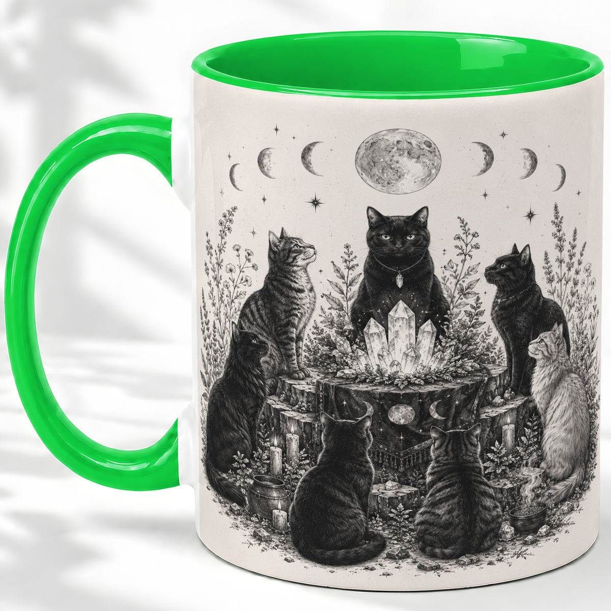 #pl[11oz|Green] Mystic Cat Moon Ceramic Coffee Cup, Mug with Crystal Artwork