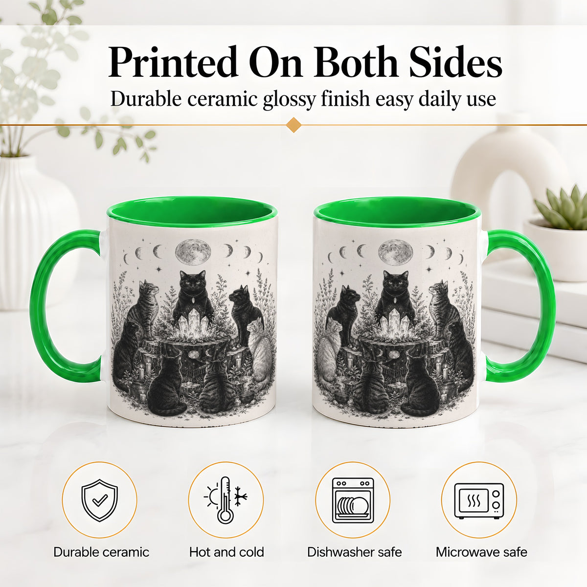 #pl[11oz|Green] Mystic Cat Moon Ceramic Coffee Cup, Mug with Crystal Artwork