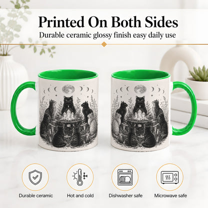 #pl[11oz|Green] Mystic Cat Moon Ceramic Coffee Cup, Mug with Crystal Artwork