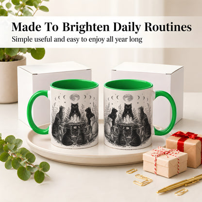 #pl[11oz|Green] Mystic Cat Moon Ceramic Coffee Cup, Mug with Crystal Artwork