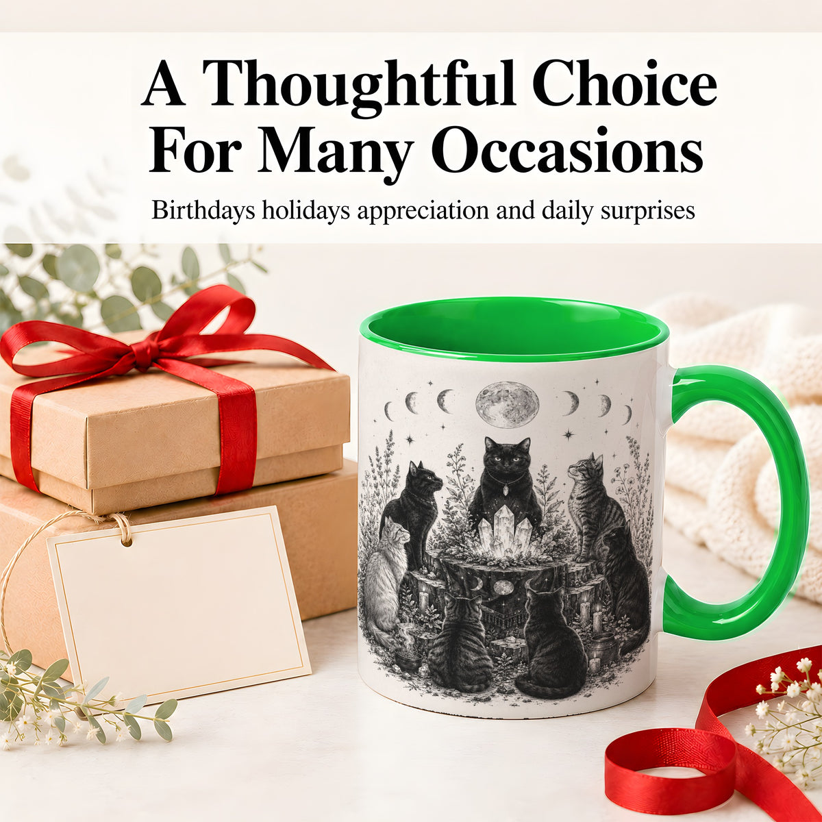 #pl[11oz|Green] Mystic Cat Moon Ceramic Coffee Cup, Mug with Crystal Artwork
