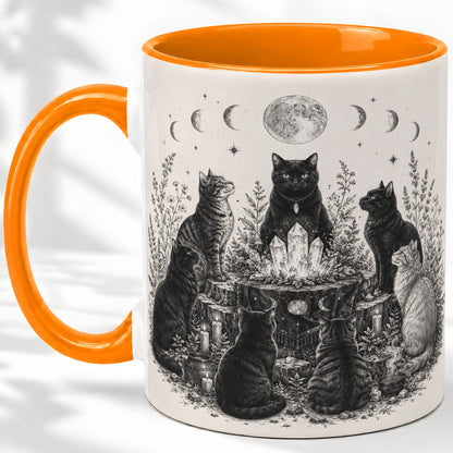 #pl[11oz|Orange] Mystic Cat Moon Ceramic Coffee Cup, Mug with Crystal Artwork