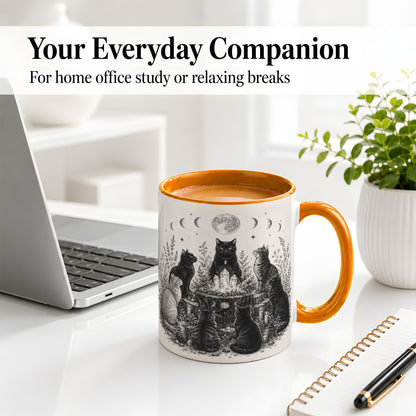 #pl[11oz|Orange] Mystic Cat Moon Ceramic Coffee Cup, Mug with Crystal Artwork