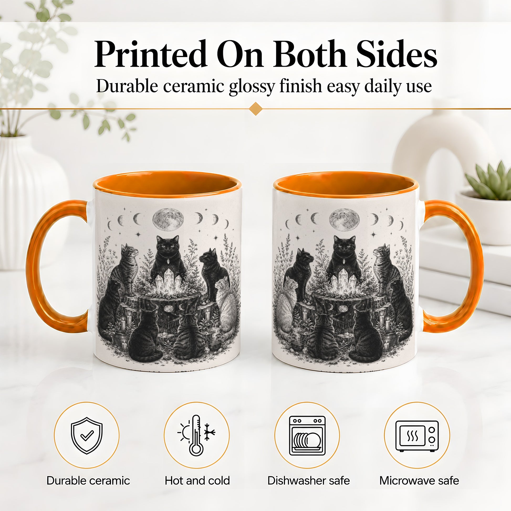 #pl[11oz|Orange] Mystic Cat Moon Ceramic Coffee Cup, Mug with Crystal Artwork