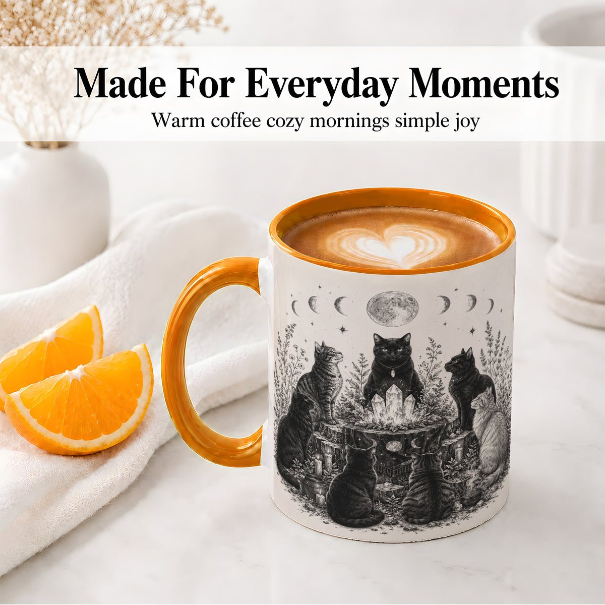 #pl[11oz|Orange] Mystic Cat Moon Ceramic Coffee Cup, Mug with Crystal Artwork