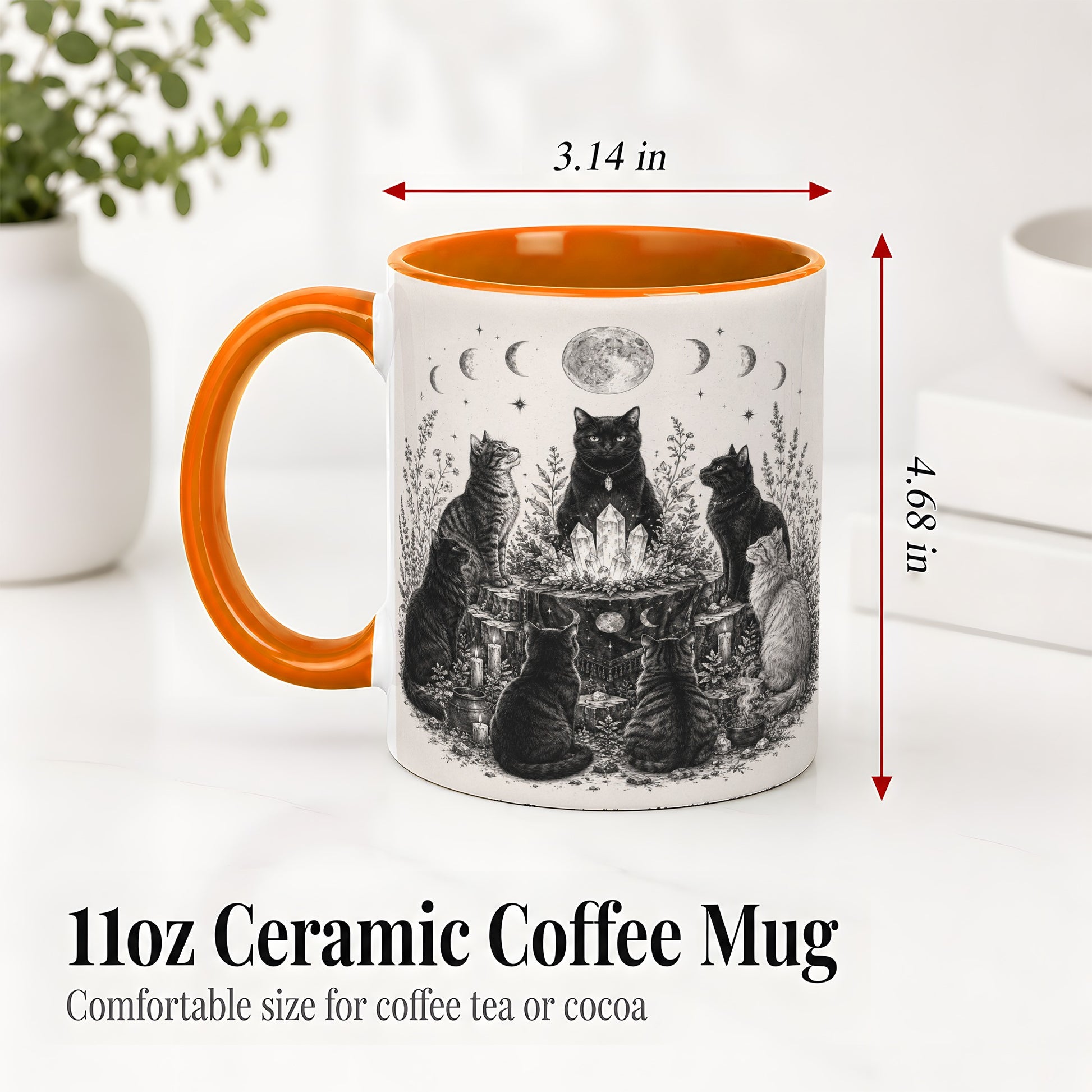 #pl[11oz|Orange] Mystic Cat Moon Ceramic Coffee Cup, Mug with Crystal Artwork