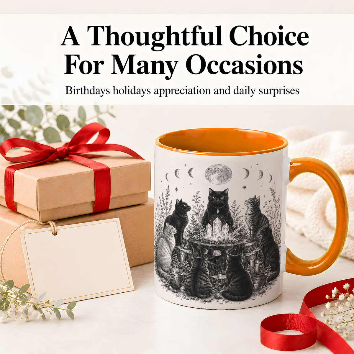 #pl[11oz|Orange] Mystic Cat Moon Ceramic Coffee Cup, Mug with Crystal Artwork
