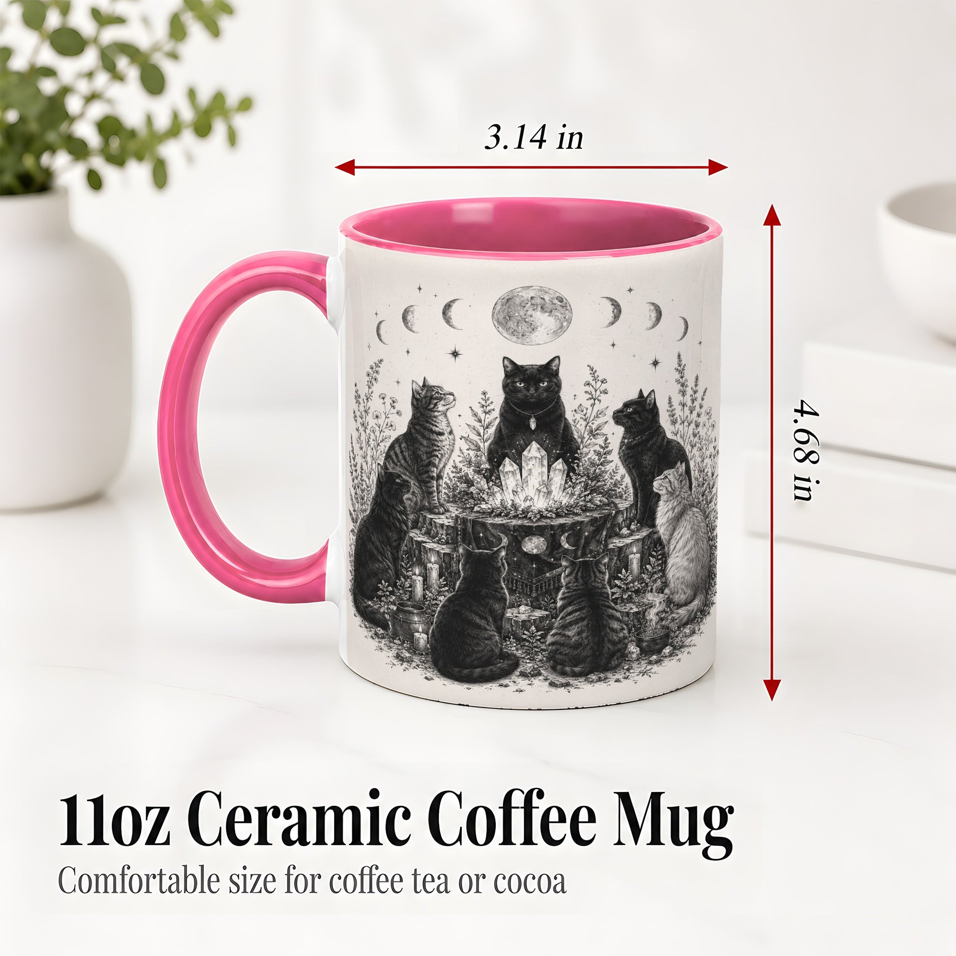 #pl[11oz|Pink] Mystic Cat Moon Ceramic Coffee Cup, Mug with Crystal Artwork