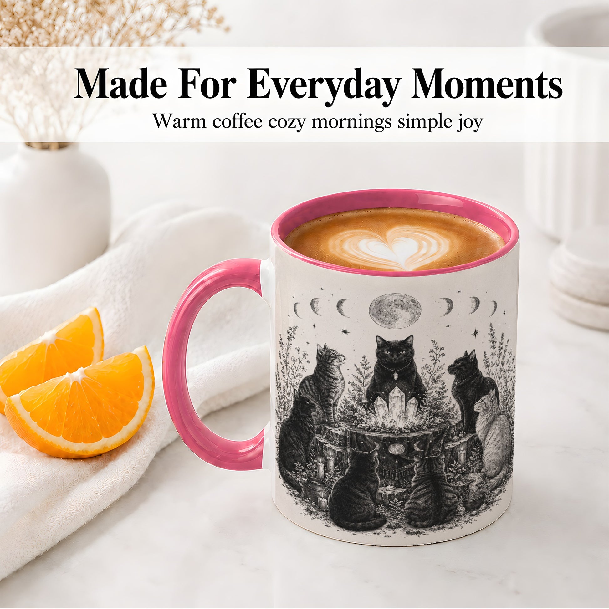 #pl[11oz|Pink] Mystic Cat Moon Ceramic Coffee Cup, Mug with Crystal Artwork