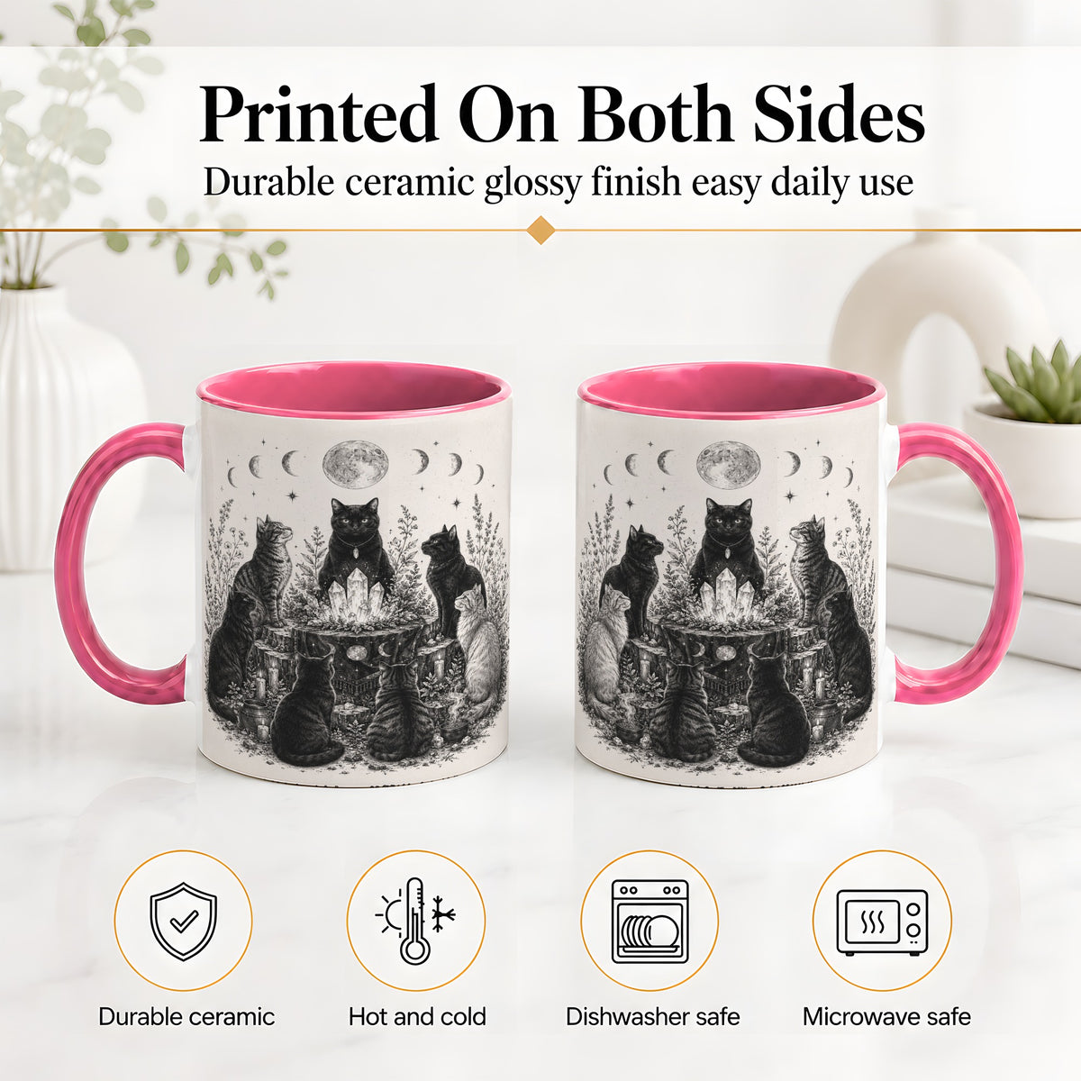 #pl[11oz|Pink] Mystic Cat Moon Ceramic Coffee Cup, Mug with Crystal Artwork