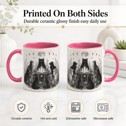#pl[11oz|Pink] Mystic Cat Moon Ceramic Coffee Cup, Mug with Crystal Artwork