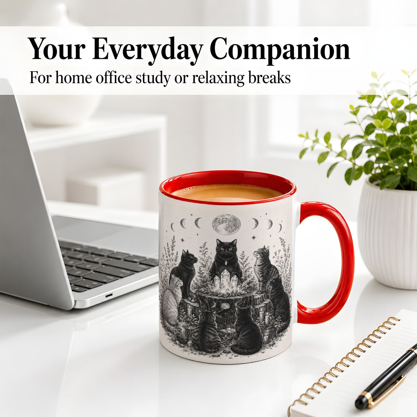 #pl[11oz|Red] Mystic Cat Moon Ceramic Coffee Cup, Mug with Crystal Artwork