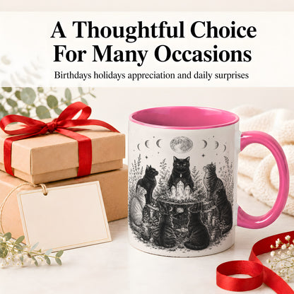 #pl[11oz|Pink] Mystic Cat Moon Ceramic Coffee Cup, Mug with Crystal Artwork