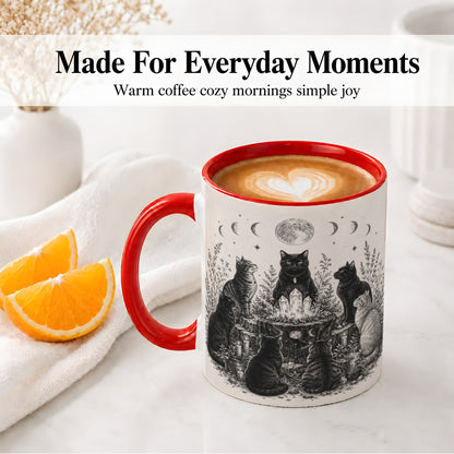 #pl[11oz|Red] Mystic Cat Moon Ceramic Coffee Cup, Mug with Crystal Artwork