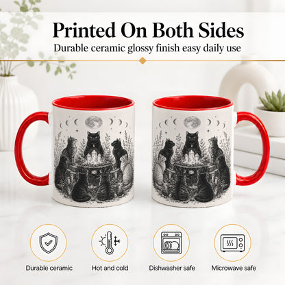 #pl[11oz|Red] Mystic Cat Moon Ceramic Coffee Cup, Mug with Crystal Artwork