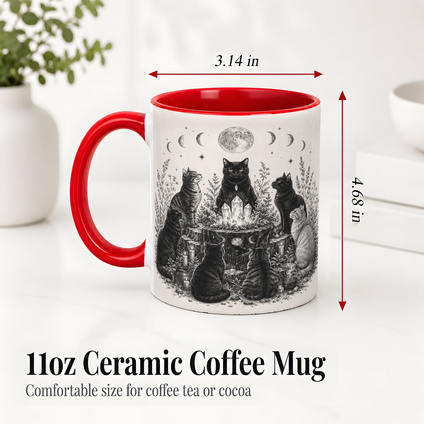 #pl[11oz|Red] Mystic Cat Moon Ceramic Coffee Cup, Mug with Crystal Artwork