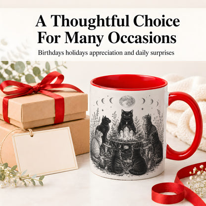 #pl[11oz|Red] Mystic Cat Moon Ceramic Coffee Cup, Mug with Crystal Artwork