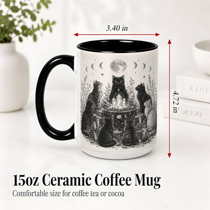 #pl[15oz|Black] Mystic Cat Moon Ceramic Coffee Cup, Mug with Crystal Artwork