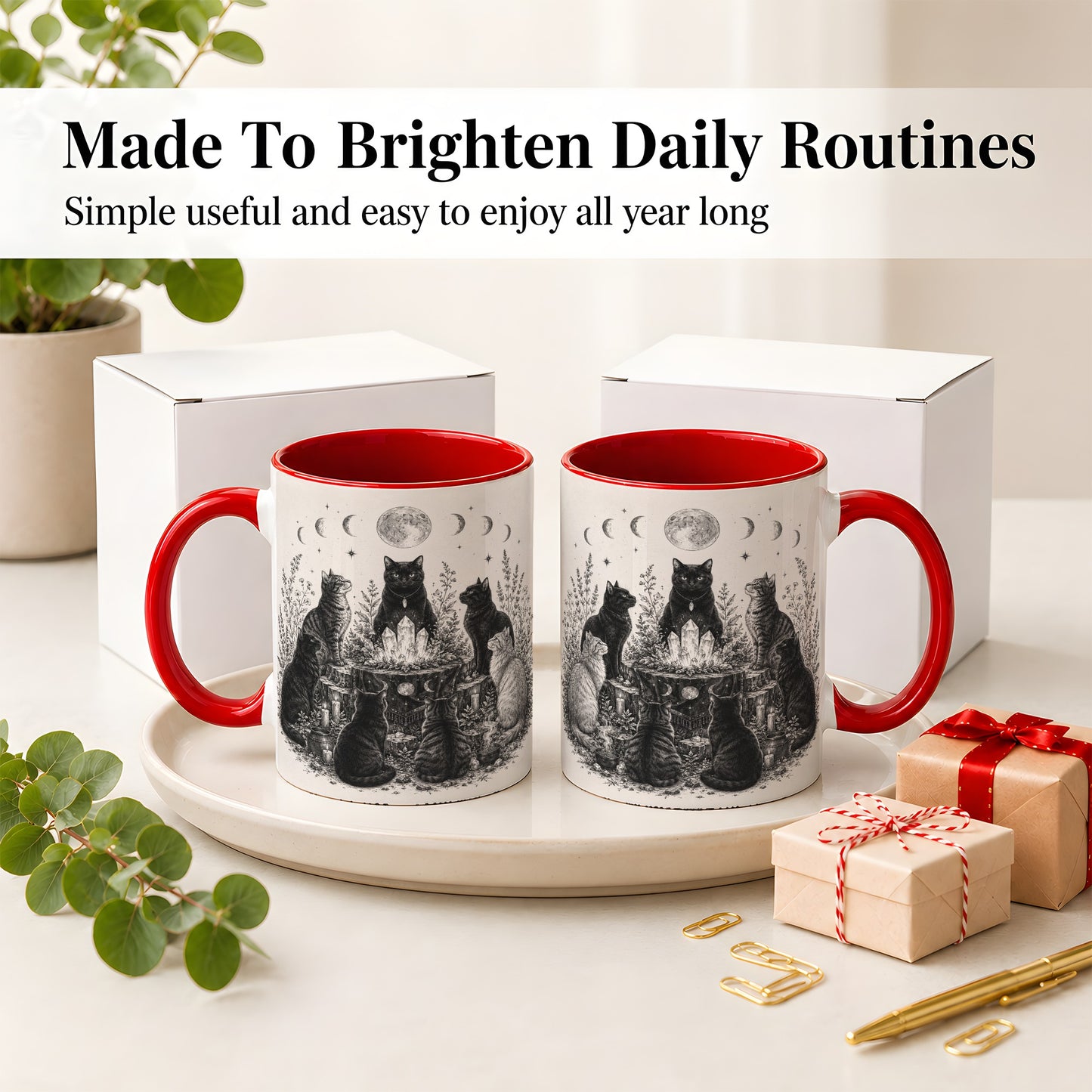 #pl[11oz|Red] Mystic Cat Moon Ceramic Coffee Cup, Mug with Crystal Artwork