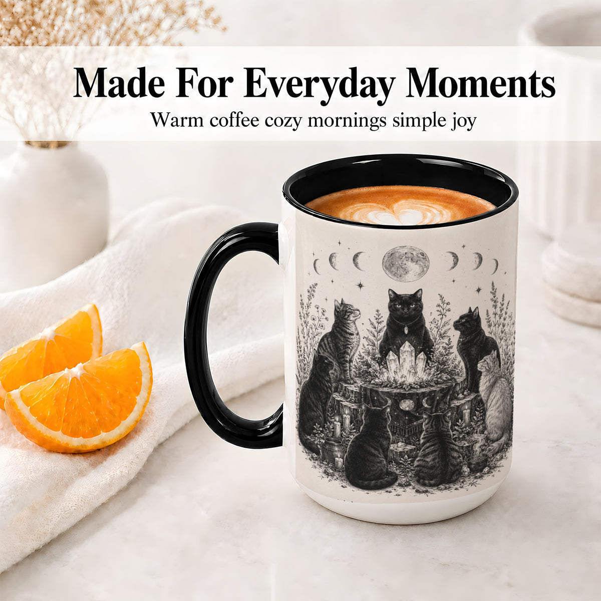 #pl[15oz|Black] Mystic Cat Moon Ceramic Coffee Cup, Mug with Crystal Artwork