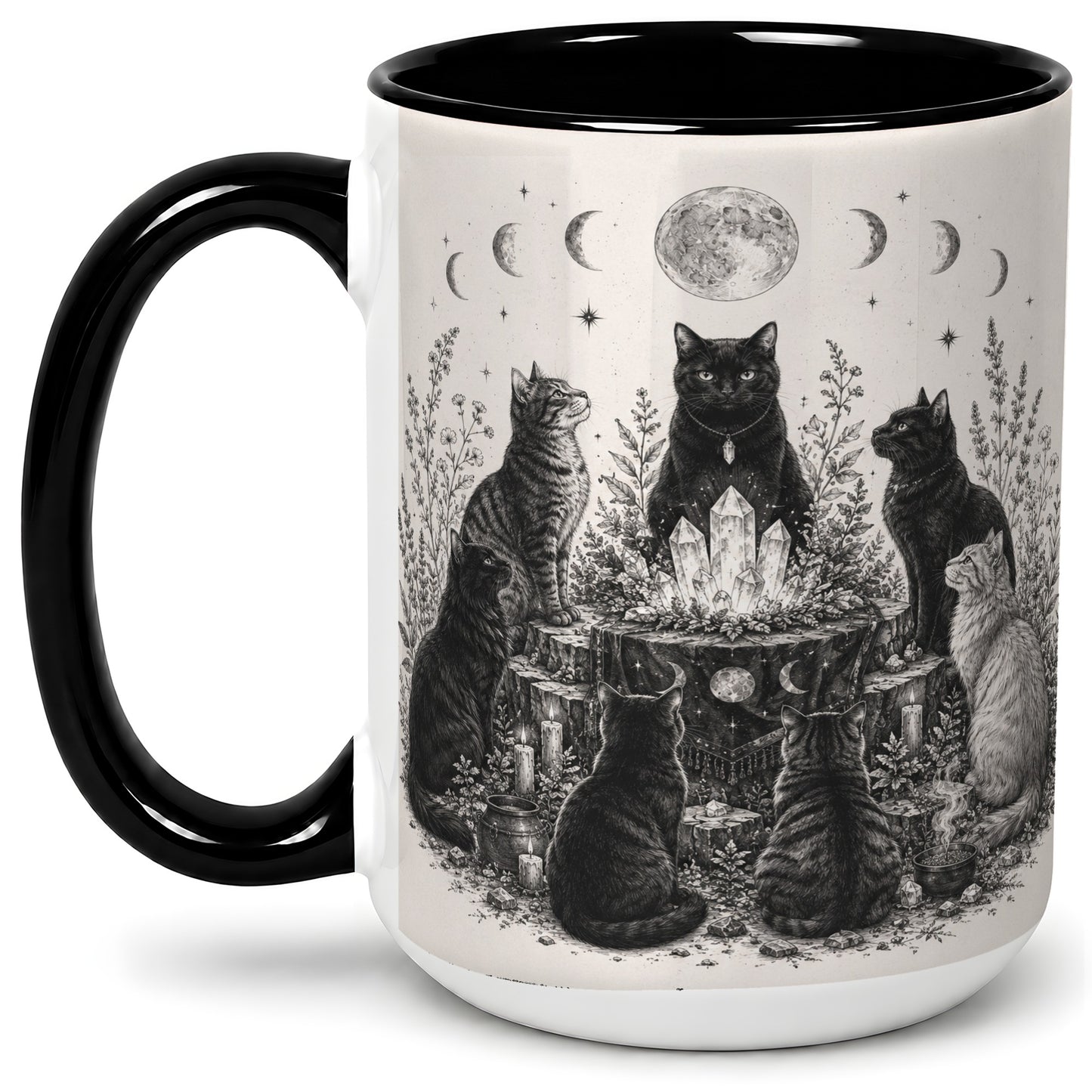 #pl[15oz|Black] Mystic Cat Moon Ceramic Coffee Cup, Mug with Crystal Artwork
