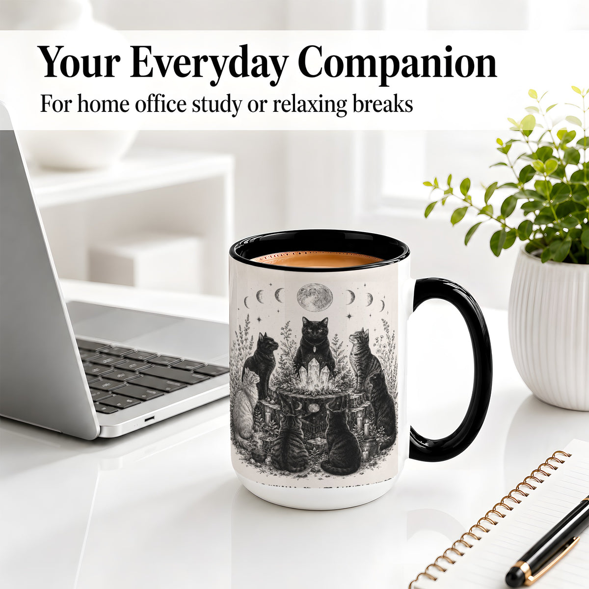 #pl[15oz|Black] Mystic Cat Moon Ceramic Coffee Cup, Mug with Crystal Artwork